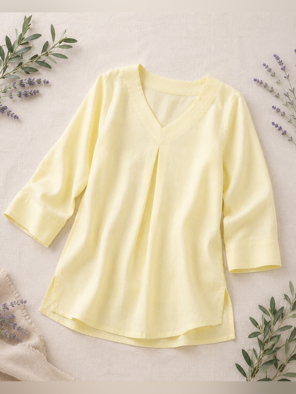 Tyler Boe Yellow Linen Tunic Top V-Neck 3/4 Sleeve Lightweight Size S